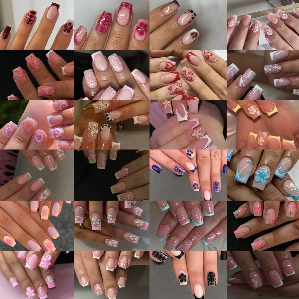 576pcs Short Square French Press-On Decorative Nails, 3D Gel Flower Peony Nail Art with Polka-Dot and Leopard Patterns, Acrylic False Nail Set