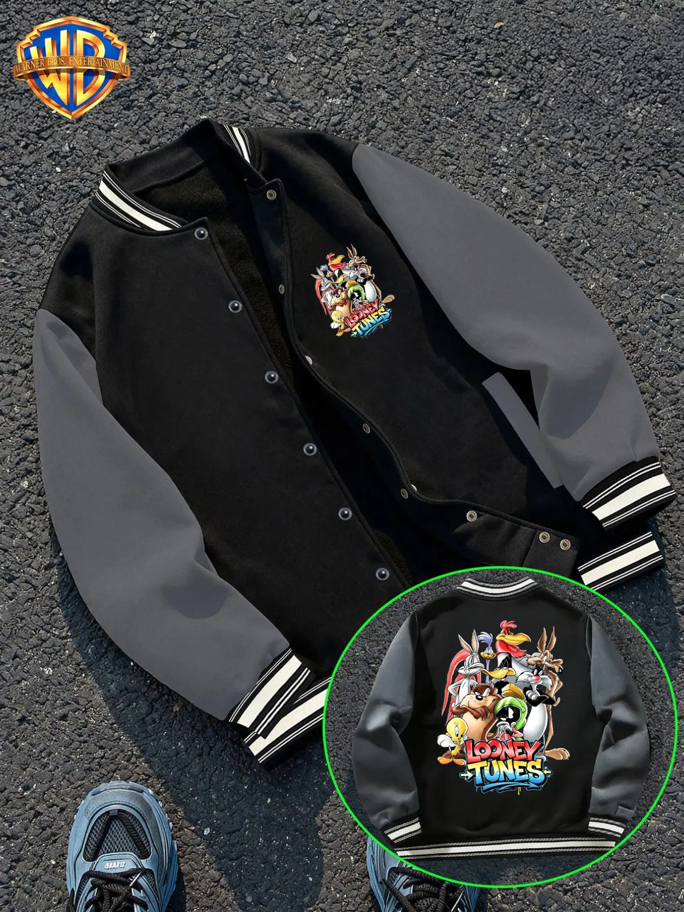 Warner Brothers Men's Navy Baseball Jacket, Looney Tunes Full Back Print, Striped Ribbed Sleeves, Vintage Casual Fall Winter Coat