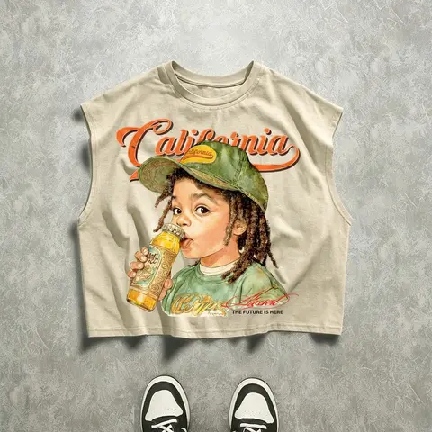 Vintage California Theme Watercolor Portrait Print Sleeveless Top, Loose-Fitting Breathable Casual Vest, Unisex Summer Streetwear Fashion
