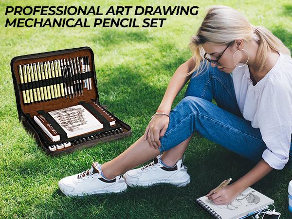 Nicpro 58 Pack Art Drawing Supplies Kit in Leather Case, Sketching Set with 6 Metal Mechanical Pencil 0.5 & 0.7 & 0.9 & 2mm, 12 Micron Pen & Sketch Book, Erasers Lead Refills for Artist Drafting, Art Supplies