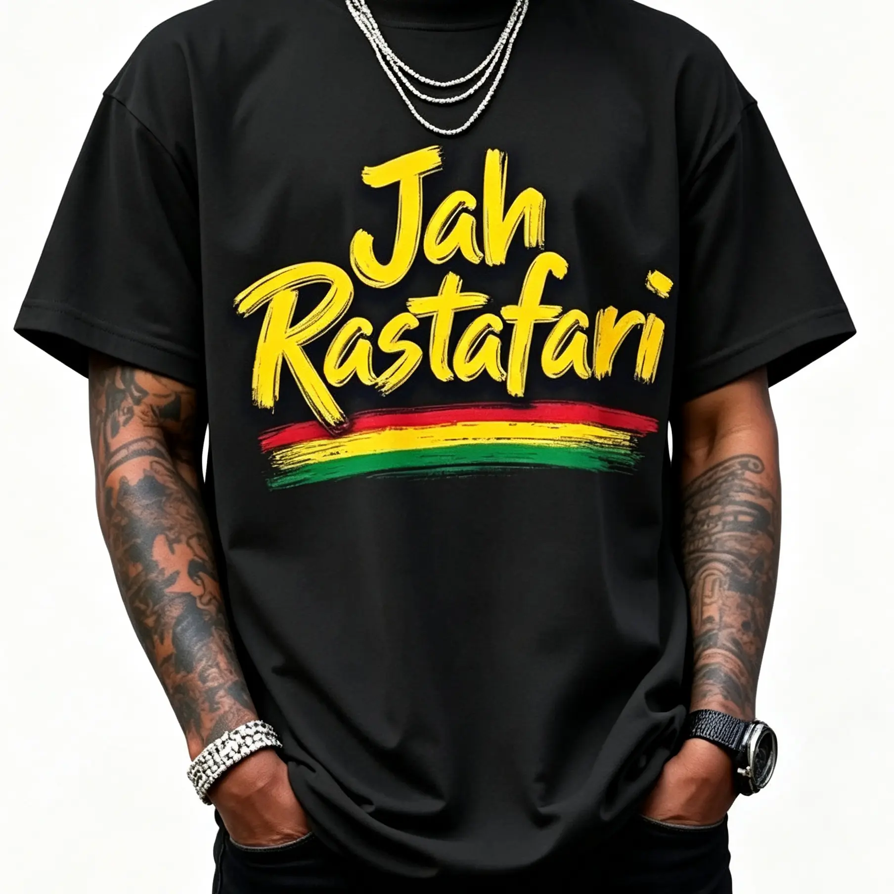 Men's Ethiopian Flag Rasta Cotton T-Shirt - Green/Yellow/Red, Judah Symbol & Jah Rastafari Print, Soft Relaxed Fit Crew Neck Short Sleeve Tee for Reggae Fans, Heritage Apparel Casual Streetwear Crewneck Menswear