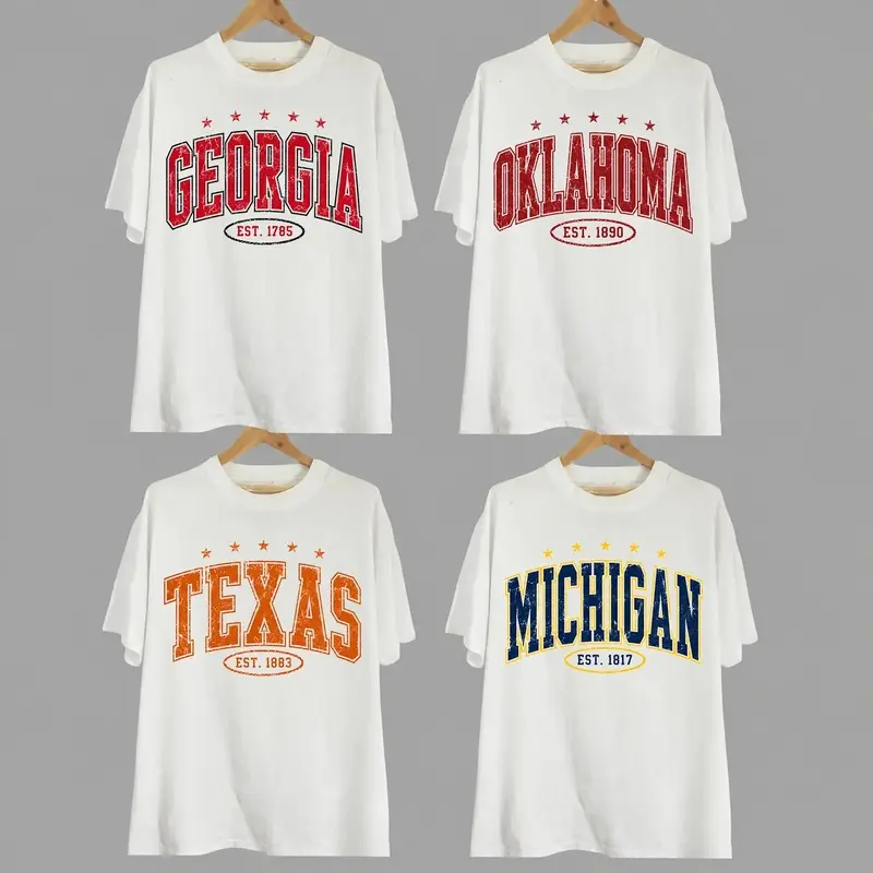 Vintage Distressed State Varsity T-Shirt 4 Styles, Unisex Oversized Georgia Oklahoma Texas Michigan Graphic Tee, White Retro College Style Casual Crew Neck Short Sleeve Top