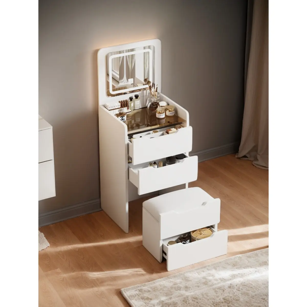 Flip-Top LED Lighted Makeup Vanity Table Set - Compact Integrated Dressing Table with Storage Drawers and Padded Stool desk small organizer stylish