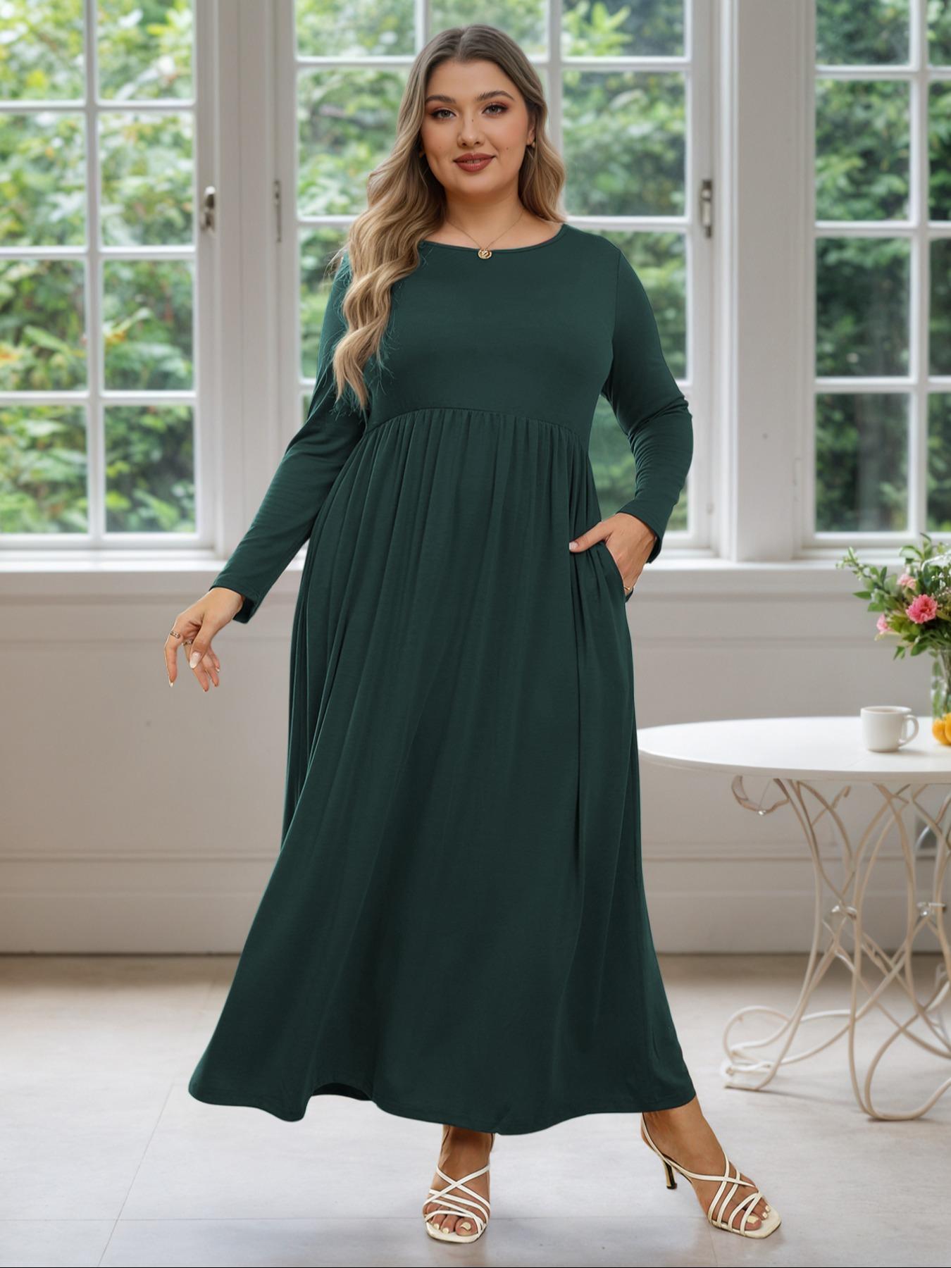 Women's Round Neck Stretchy Casual Maxi Long Plus Size Dress, Perfect for Bridesmaids, Vintage Style Wedding & Party Wear, Comfortable Fabric
