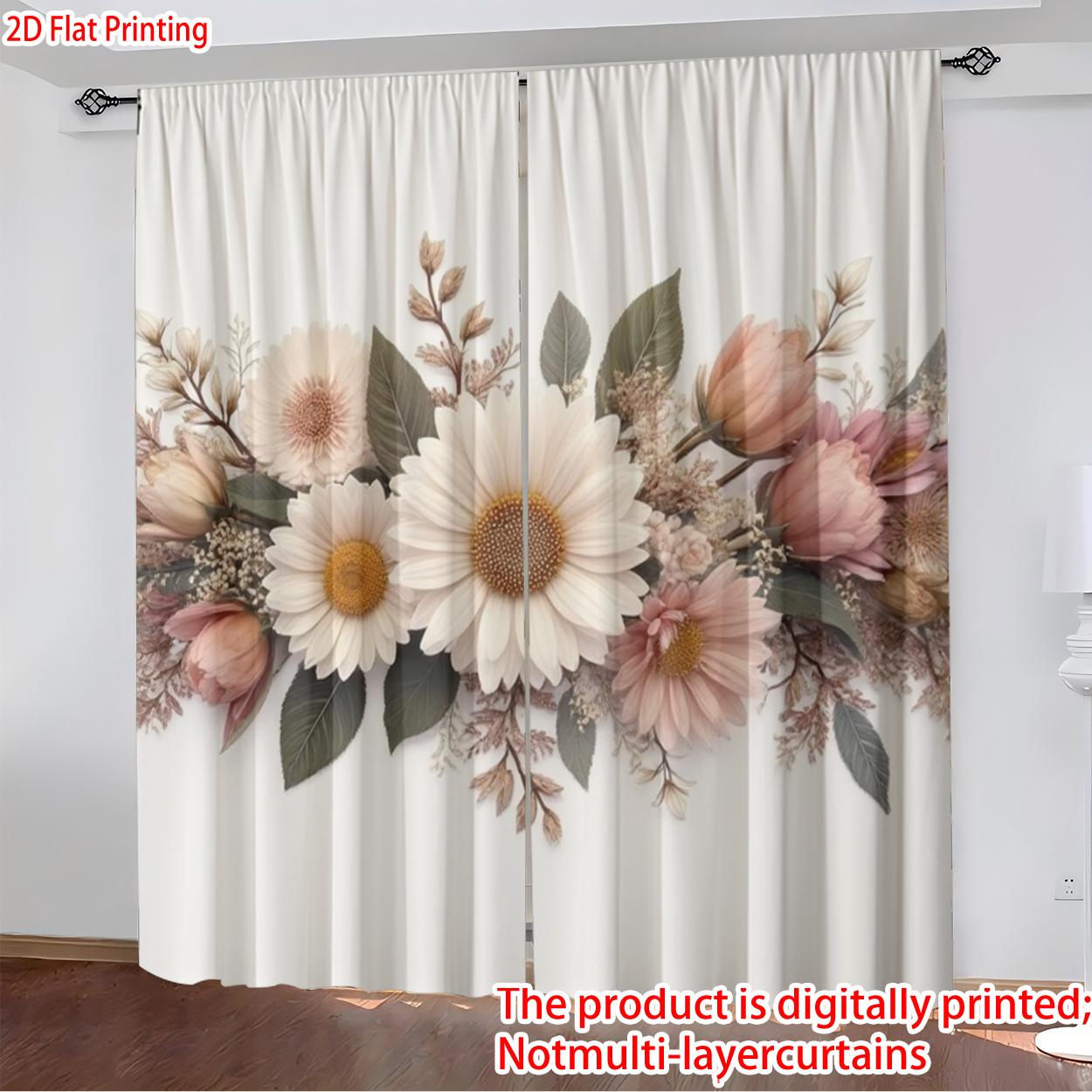 2 pieces, 2D flat printing, polyester materialFlower DecorationPatterned print, light-filtering curtains, Window Curtain, suitable for decorating bedrooms, living rooms, and other settings; features a rod pocket design for easy rod installation.