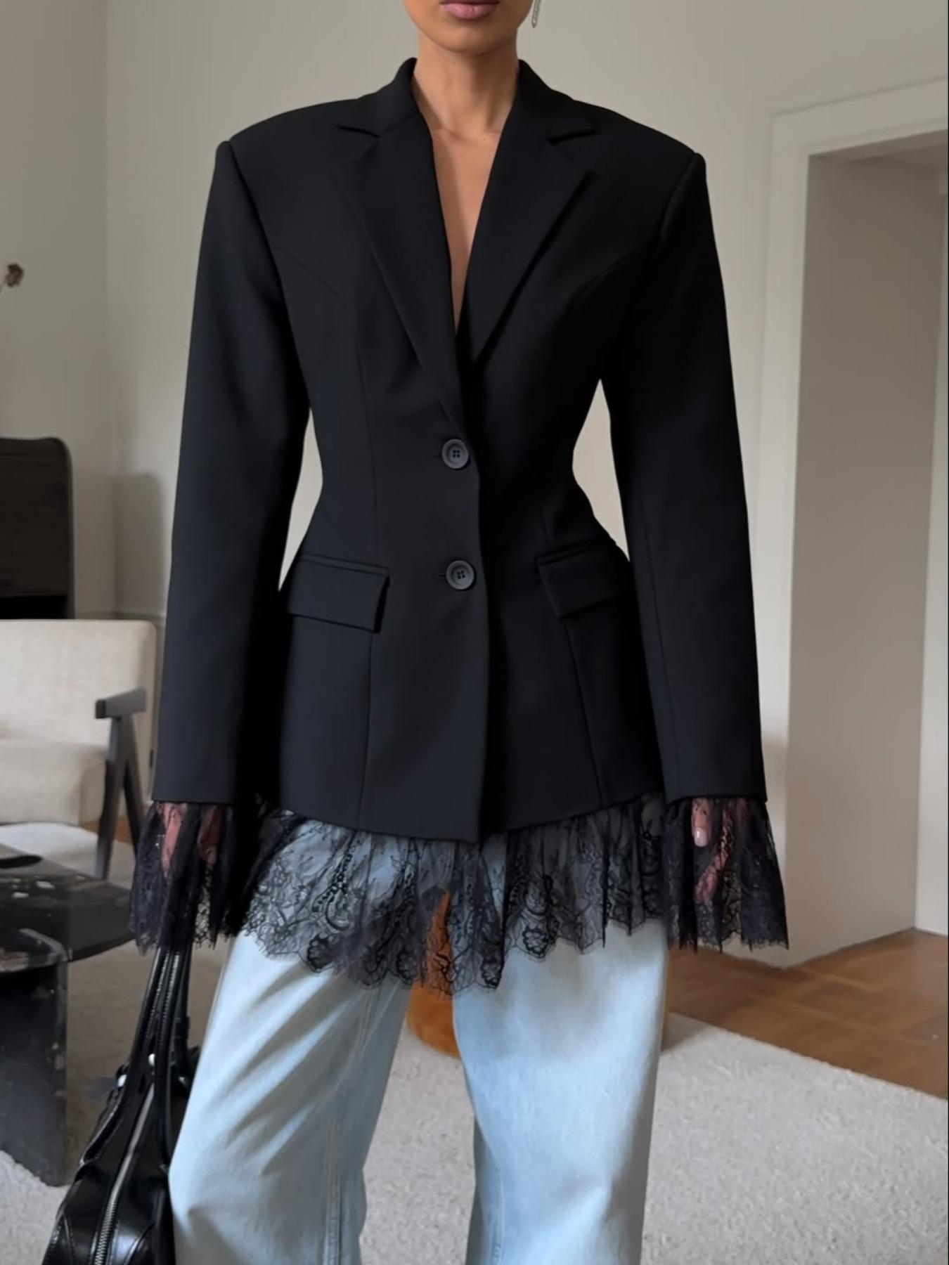 Women's Fitted Elegant Pure Color Woven Fabric Lace Patchwork Button Pockets Waistcoat Blazer Jacket, Office Evening Date Formal Banquet Fall Winter Womenswear