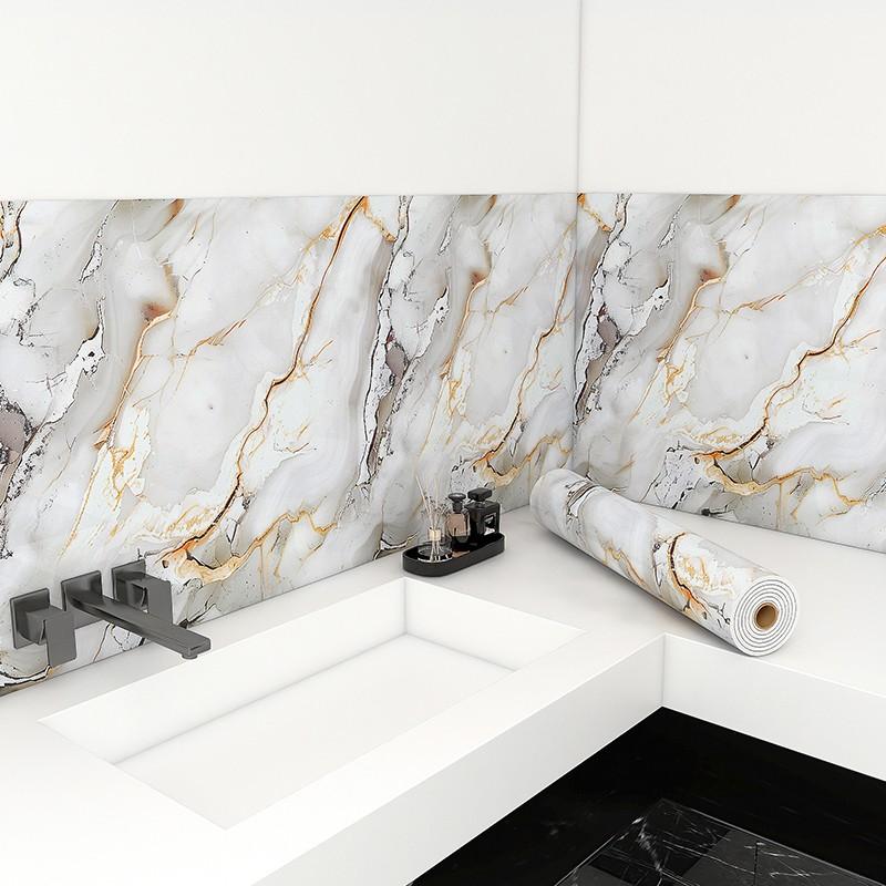 Self Adhesive Vinyl Floor Tiles, 15.74" x 118.11", Bianco Marble Pattern - Peel & Stick, DIY Flooring for Kitchen, Dining Room, Bedrooms & Bathrooms