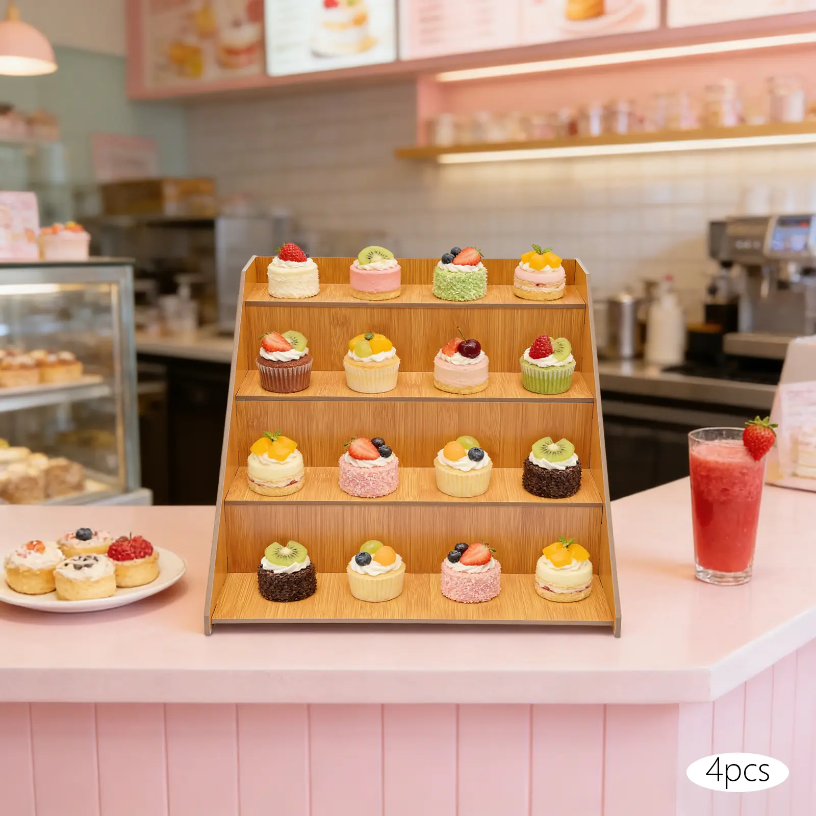 MDF Wood Retail Display Stands, 4-Pack 4-Tier Durable Countertop Mount (38x37x27 cm) for Soap, Candle, Perfume, Jewelry Retail Shows