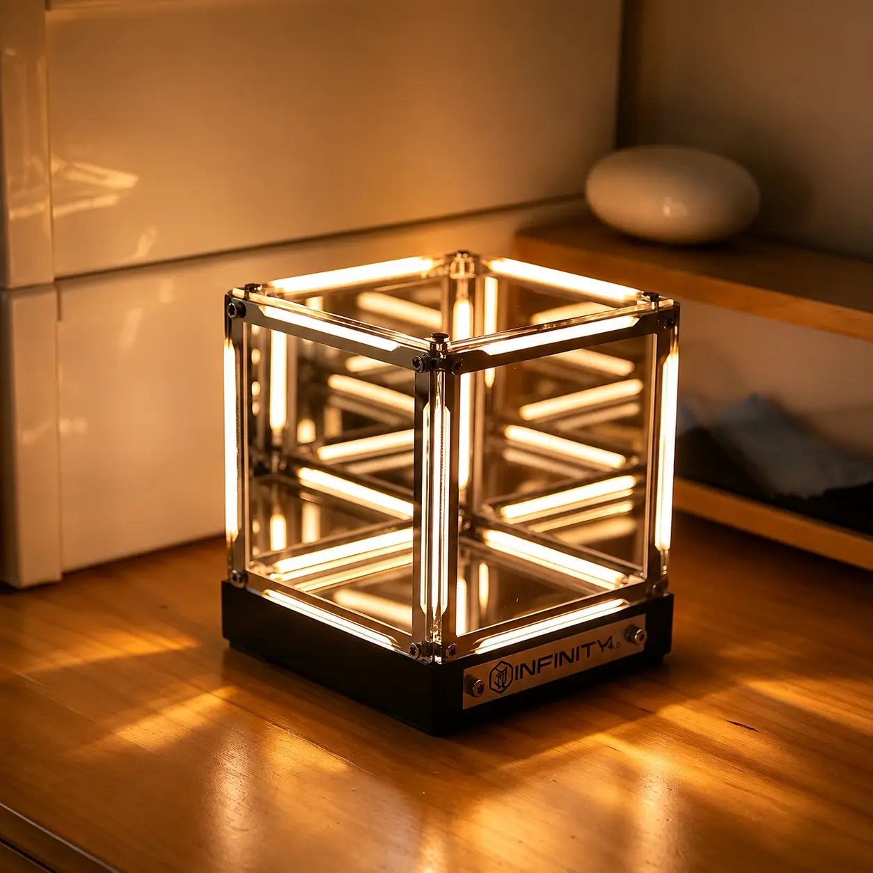 Infinity Mirror Light, Cube LED Ambient Lamp with Endless Tunnel Effect, 4D Futuristic Desk Decor with Touch Control, Dimmable USB-C Rechargeable Night Light for Gaming Setup, Bedroom, Room Decor and Tech Gift