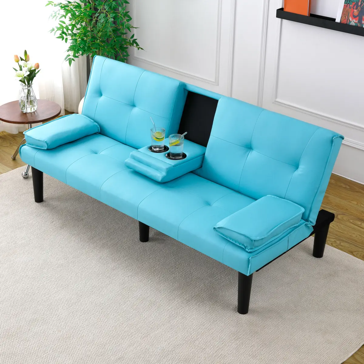67" Modern Futon Sofa Bed, PVC Convertible 3 in 1 Loveseat Sleeper Bed with Adjustable Backrest, Folding Couch with Cup Holder for Living Room Apartment, Blue