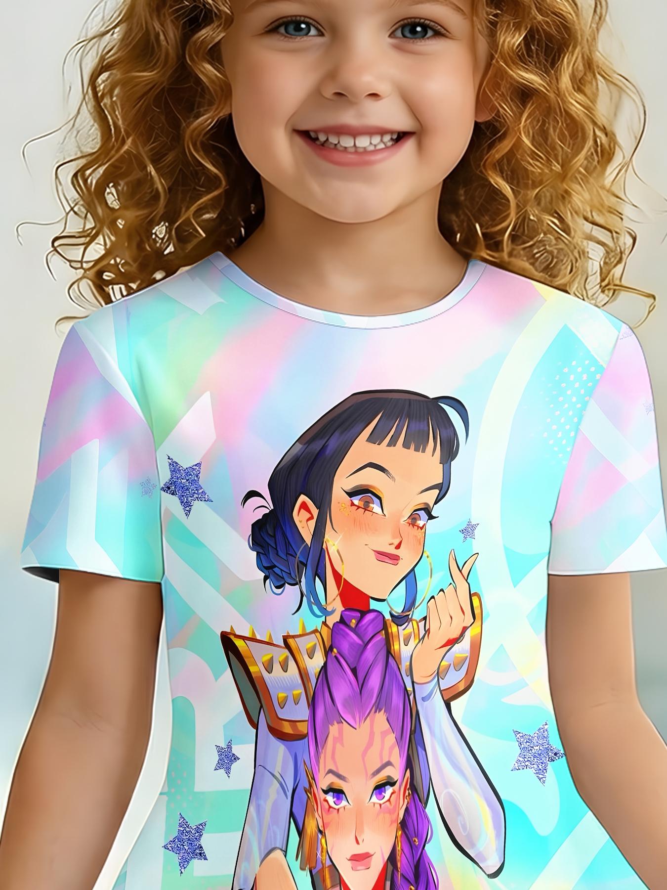Girls Holographic Gradient Anime Girl Group Print Dress, Kids Crew Neck Short Sleeve A-Line Princess Skirt, Casual Summer Skirt for Big Kids