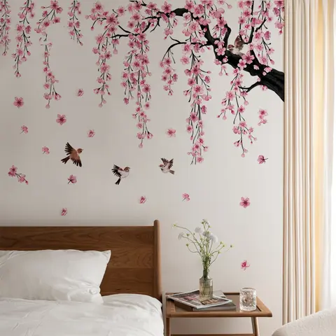4 Pieces/set (30*90 CM x 4 Pieces) Creative Pink Peach Blossom Tree, Bird and Falling Flower Bathtub Stickers, Wall Decal, Unique Wall Decor, Suitable for Living Room, Bedroom and Bathroom Background Walls