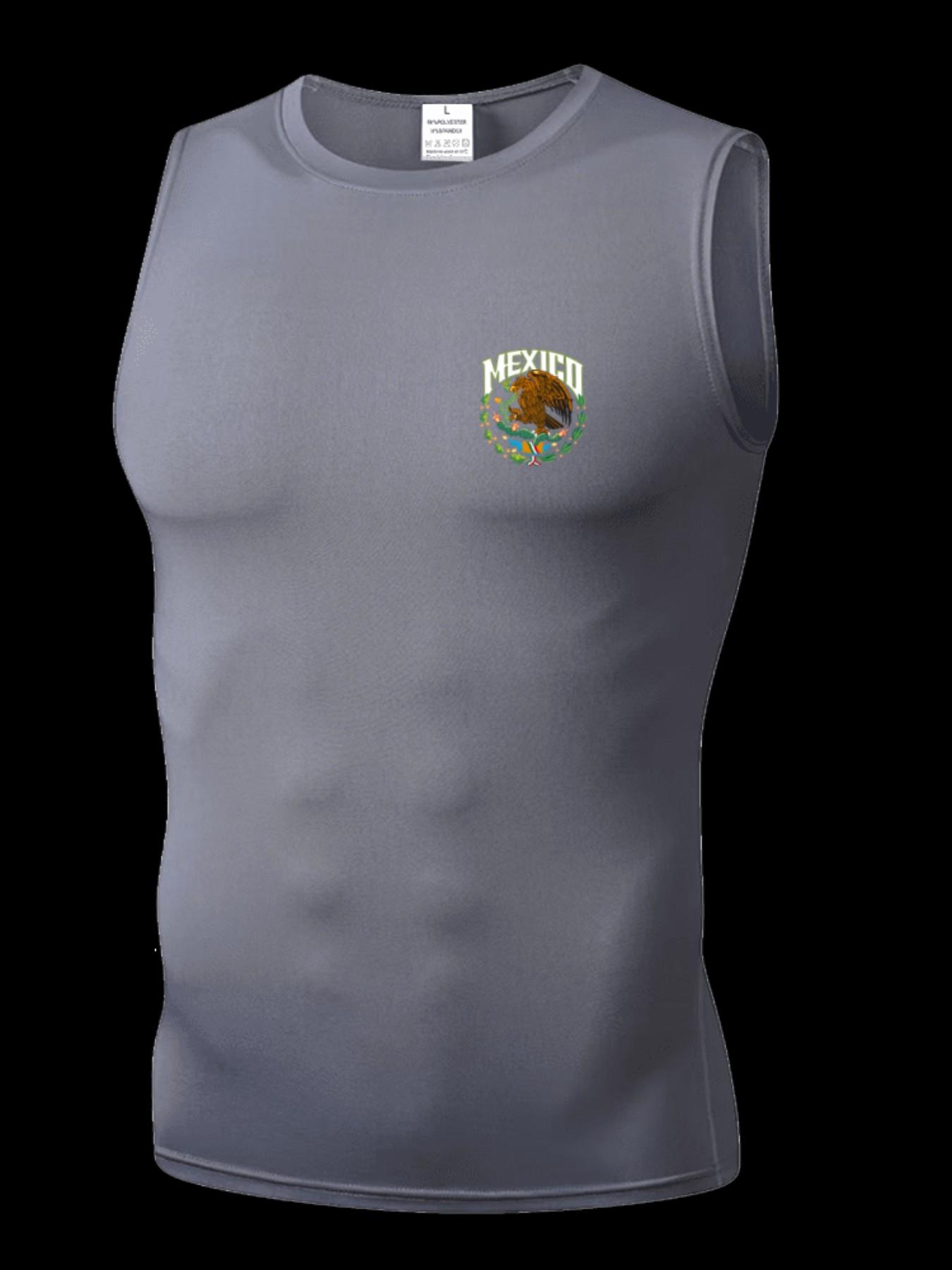 Men's Short Sleeve Sporty Tee, Quick-Dry Breathable Fabric, Mexico Print, Slim Fit, Ideal for Gym, Running, Boxing, Outdoor Activities