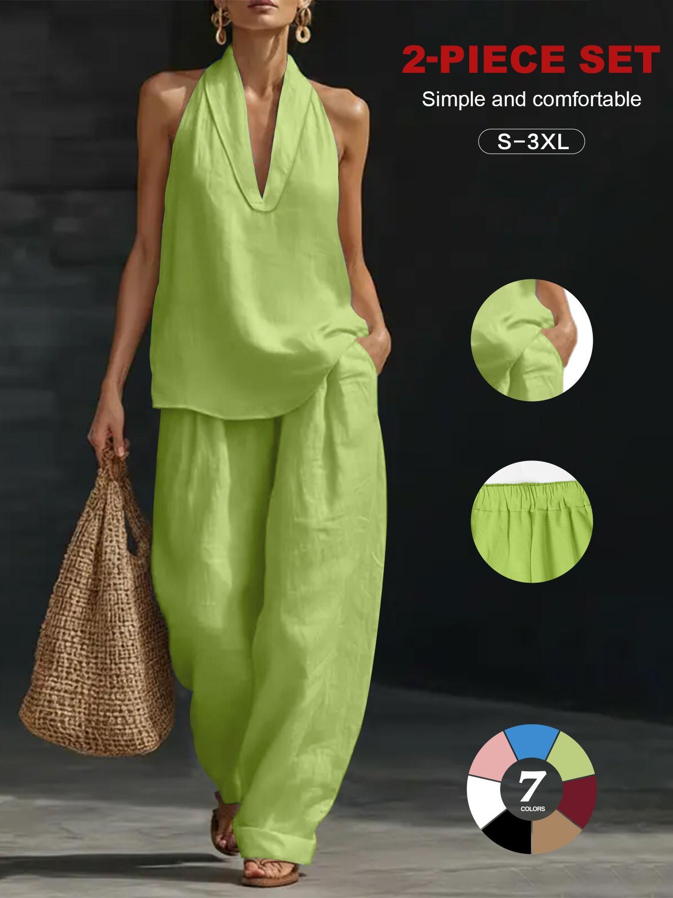 2026 Women's Linen Set, 2-Piece, Halter V-Neck Top, High-Waist Wide-Leg Pants, Casual Summer Beach Loungewear, Comfortable & Stylish