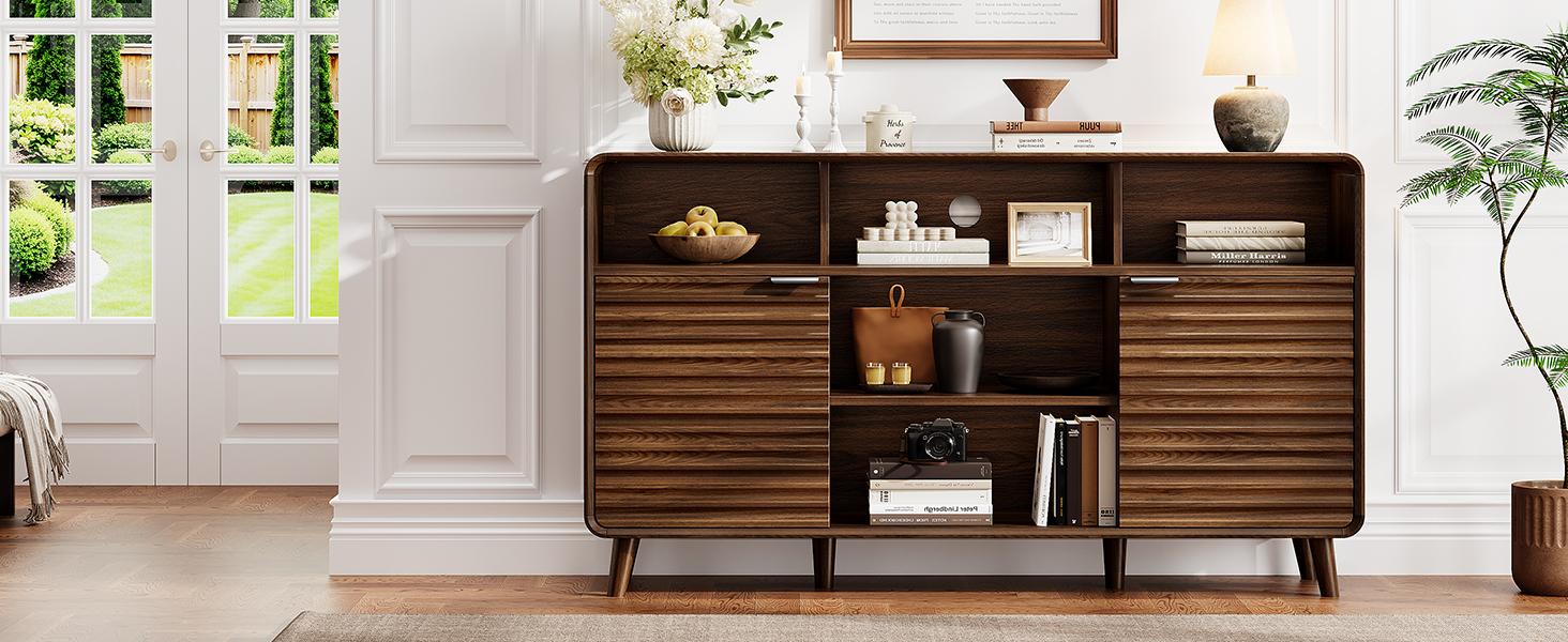 【SPOTLIGHT DAY】ONBRILL 58 Inch Curved Sideboard Buffet Cabinet w/2 Wave Doors and Open Storage Spaces, Angled Side Frame, Sideboard Storage with Adjustable Shelves, Coffee Bar Cabinet for Dining Room, Living Room