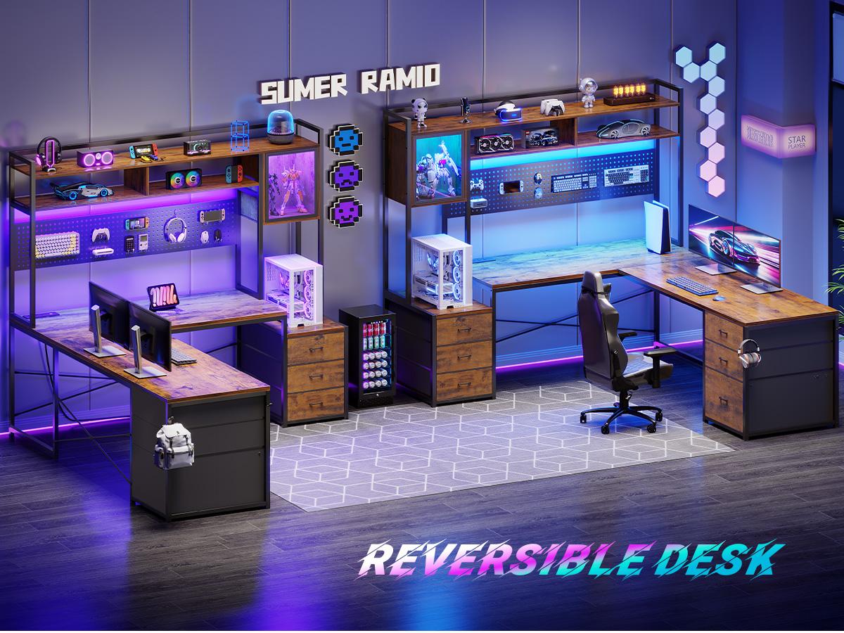 SEDETA L Shaped Gaming Desk with Drawers, Reversible Computer Corner Desk with File Drawer, Hutch, Storage Shelves for Home Office, Gaming Two Person Desk with Led Lights, Power Outlet