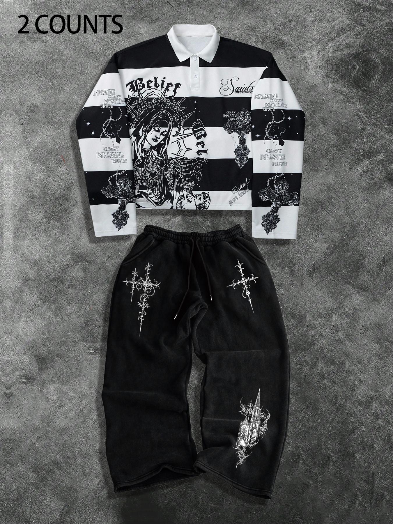 Men’s Gothic Saint Graphic 2-Piece Set – Striped Long Sleeve Polo & Loose Fit Shorts | Dark Streetwear Outfit