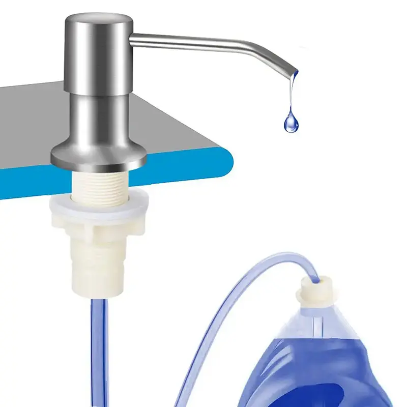 Stainless Steel Hand Dish Soap Dispenser (Brushed Nickel) - Smooth Countertop Sink Water Pump with 39" No-Spill Silicone Extension Tube Kit, Refill-Saving for Kitchen Use, Includes Silicone Container, Containers