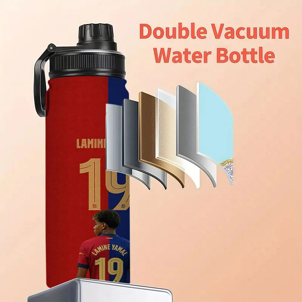 1pc 20oz/32oz Lamine Yamal No.19 Football Player Printed Flip Top Water Bottle, 304 Stainless Steel Cold-Keeping Sports Flask, Leakproof Portable Handle Cup, Easy to Clean & Reusable Water Jug for Office & Car, Collectible Gift for Football Fans