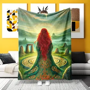 "A Celtic Goddess Flannel Blanket – Ultra-soft for Home, Camping & Office! Features a red-haired goddess in a Celtic landscape. Luxurious texture, ideal for fantasy lovers seeking versatile comfort and unique decor."