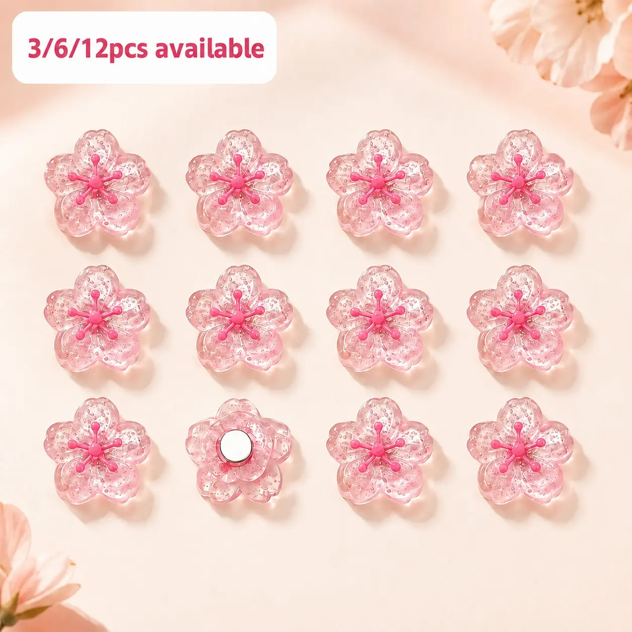 Cherry Blossom Shaped Fridge Magnet, 3/6/12 Counts Cute Decorative Flower Magnets for Office Whiteboard, Locker, Dishwasher, Kitchen and Home Decoration