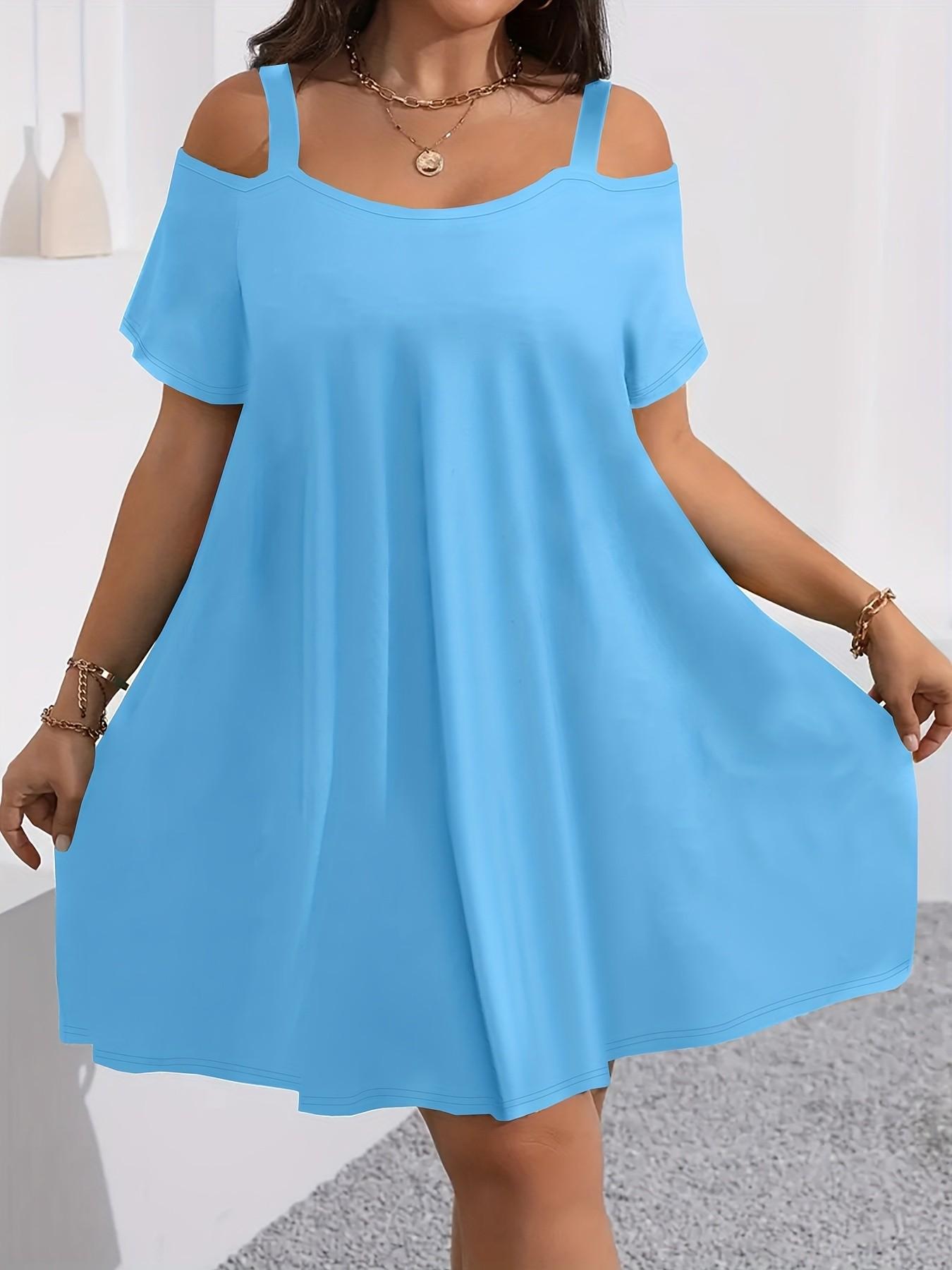Plus Size Women's off Shoulder Strapless Dress, Loose Fit Slimming Short Sleeve T-Shirt Dress, 8 Colors Available, Casual Everyday Wear, Womenswear