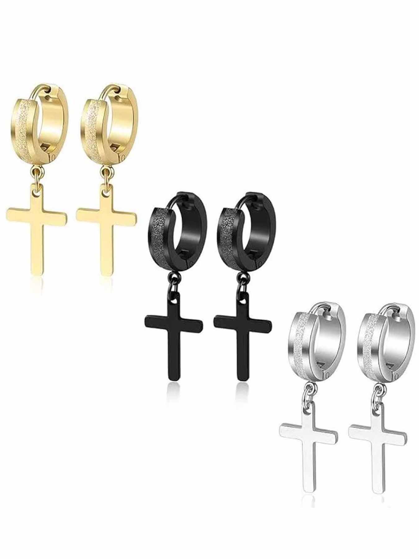 3 Pairs High-End Matte Finish Earrings, Cross Pendant Studs, 304 Stainless Steel, Classic Round Clip Design, Unisex, Versatile Jewelry