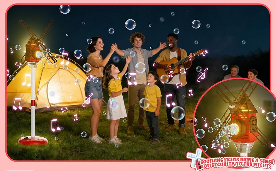 Automatic Windmill Bubble Machine, Music LED Romantic Color Lights, Adjustable Height, Includes 50ML Concentrated Bubble Liquid