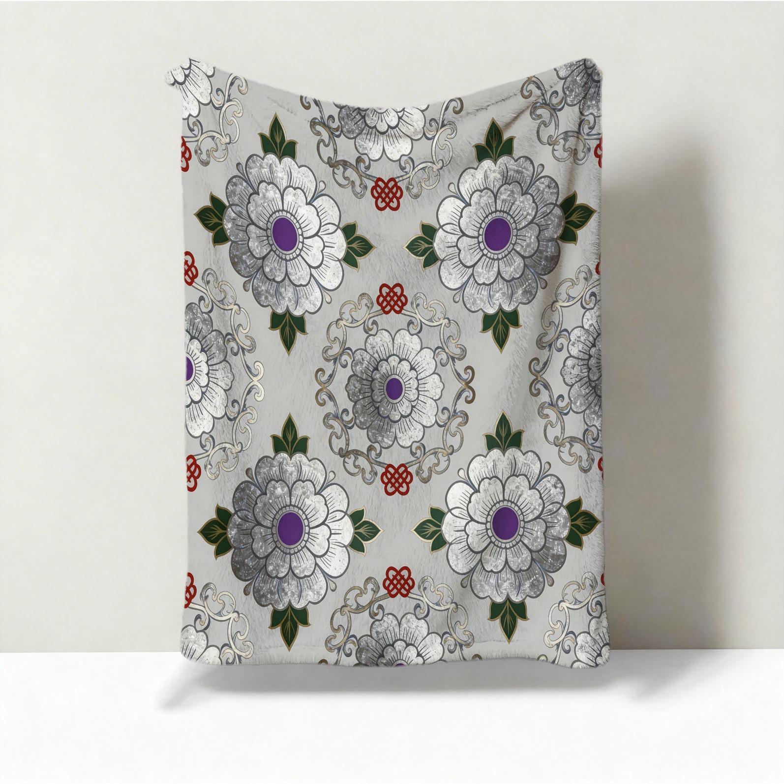 1 Pack Vintage Floral Pattern Flannel Blanket, HD Digital Single-Sided Print Ultra Soft Plush Throw Blanket, Warm Cozy Multipurpose Blanket for Couch, Bed and Travel, Ideal All-Season Gift Blanket