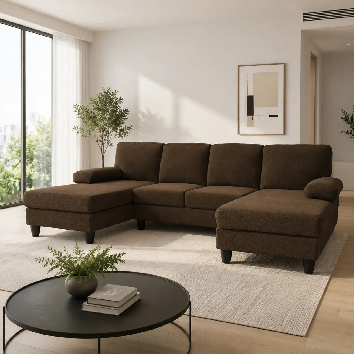 U-Shaped Sectional Sofa with Dual Chaise – Oversized Deep-Seat Couch, Nubby Textured Upholstery, Plush Padded Armrests, Modern Living Room Furniture, Black