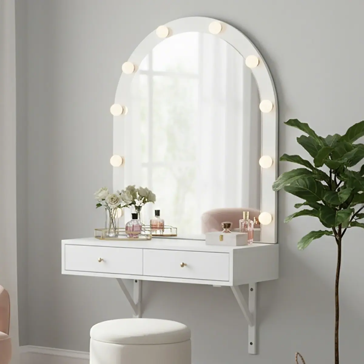 White Engineered Wood Floating Vanity Desk - 31.5" Width Arch-Shape Wall-Mounted Makeup Vanity with Dimmable LED Hollywood Mirror, 3 Color Lights, 2 Drawers, Power Outlet, USB/Type-C Charging Station, Easy Setup for Small Bedrooms