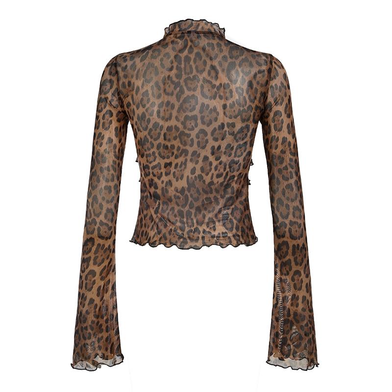 Women's Leopard Print Frill Trim Tie-Front Sheer Tee, Fashion Casual Lettuce Trim Flounce Sleeve Top for Daily Outdoor Wear, Women's Clothing for Spring and Fall