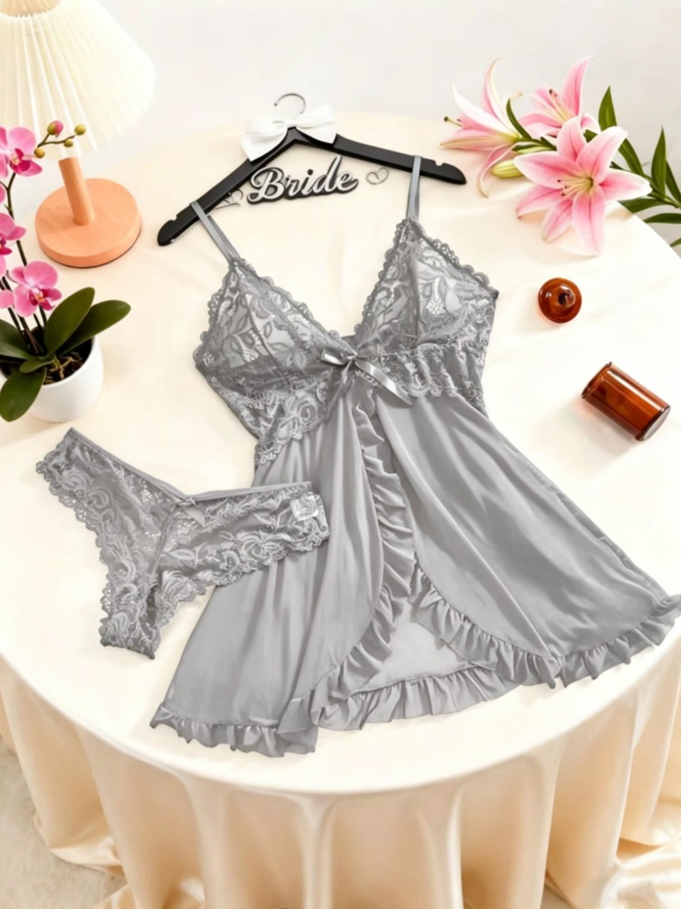 1 Count Ladies' Sexy Ruffle Trim Cami Nightdress & Bow Decor Panty Sets, Comfortable Playful Floral LaceSee Through Sleepwear Set, Sexy Slim-fit Spaghetti Strap Dress& Thong Set, Comfy Pj Set, Suitable For Holiday&Valentine's Day