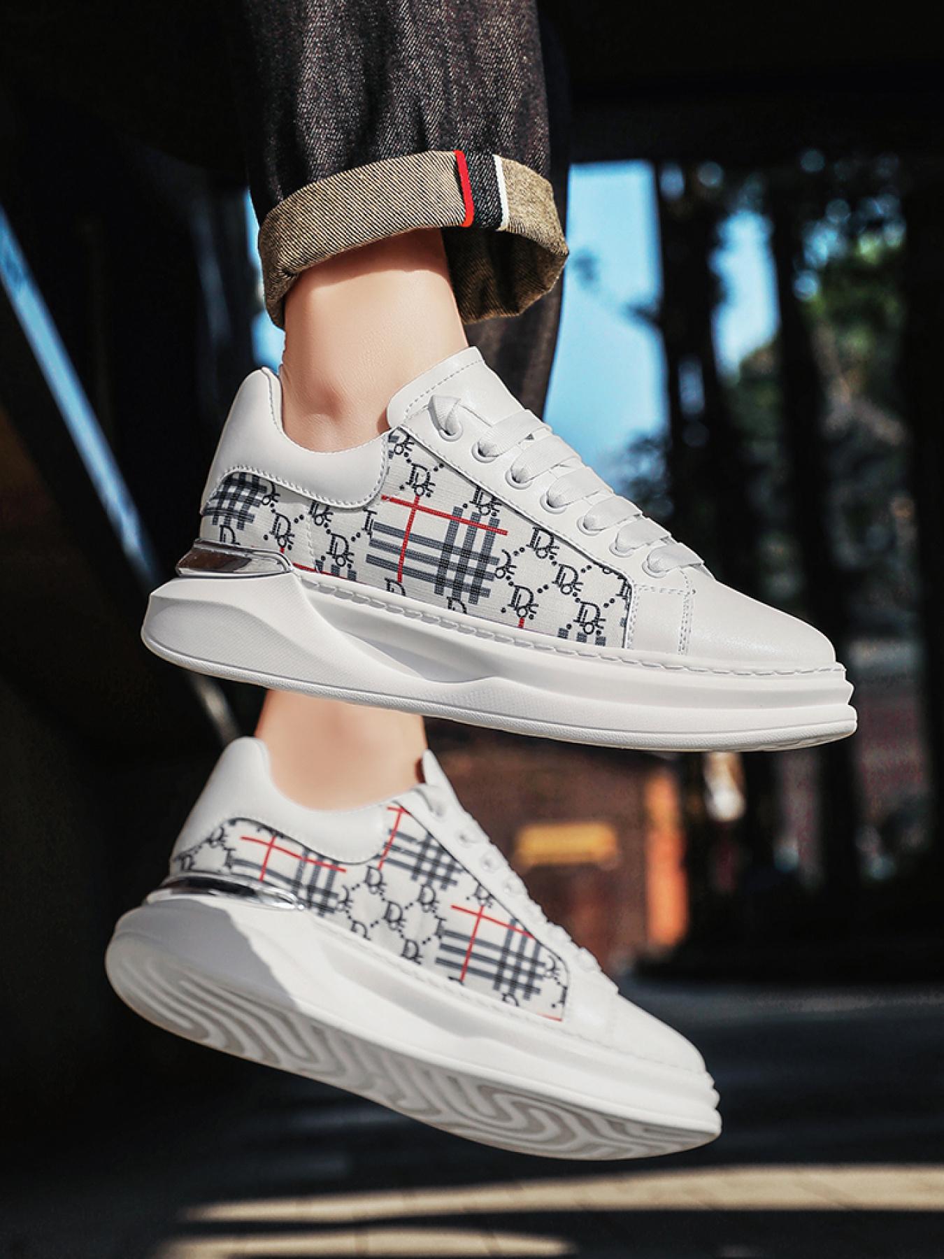 Men's white checkered print thick-soled sneakers, lace-up breathable casual sneakers, trendy versatile height-increasing sports shoes