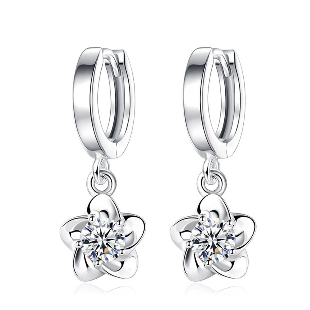 Silver Tone Purple CZ Flower Drop Earrings, Huggie Hoop Earrings with Floral Charm, Elegant Daily Jewelry for Women