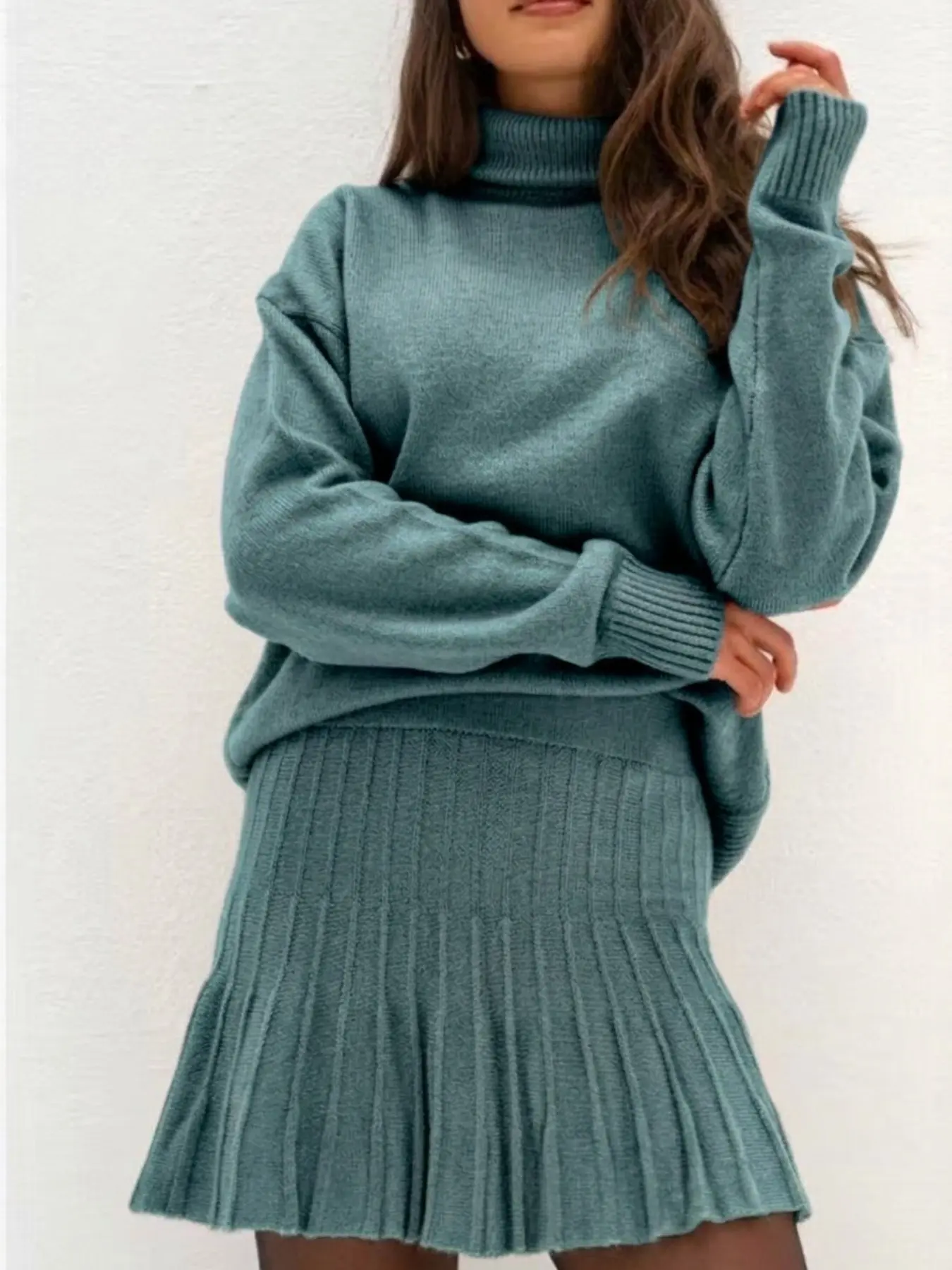 Oatmeal Color High Neck Knit Set for Women, Soft Cashmere Feel Sweater and Pleated High Waist Short Skirt Two-Piece, Cozy and Stylish