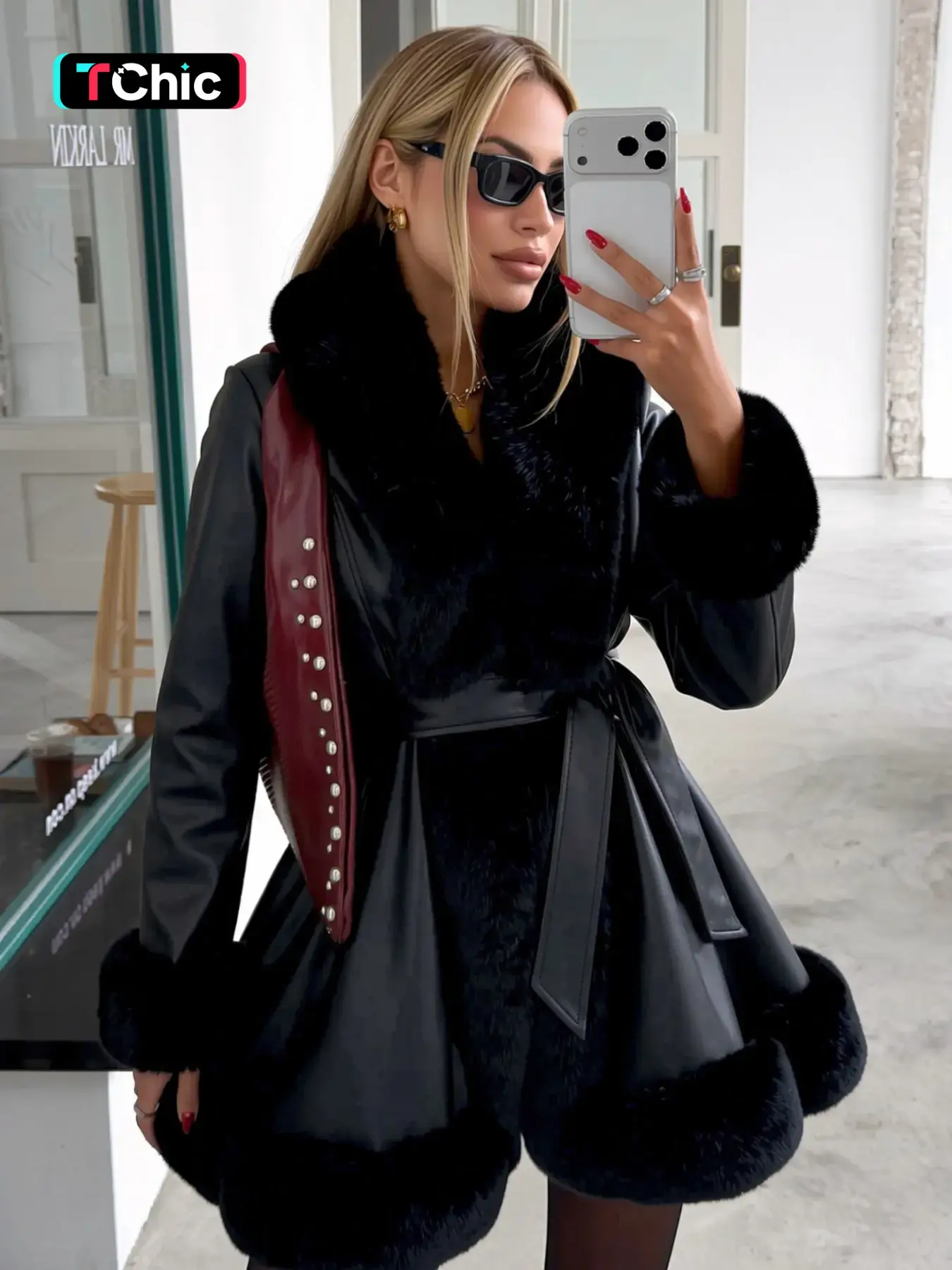 Giolshon Women's Fall & Winter PU Long Jackets, Cold Weather Wear, Warm Basic Casual Hooded Fitted Coats with Detachable Belt and Faux Fur, Everyday Stylish Aesthetic Outerwear Womenswear