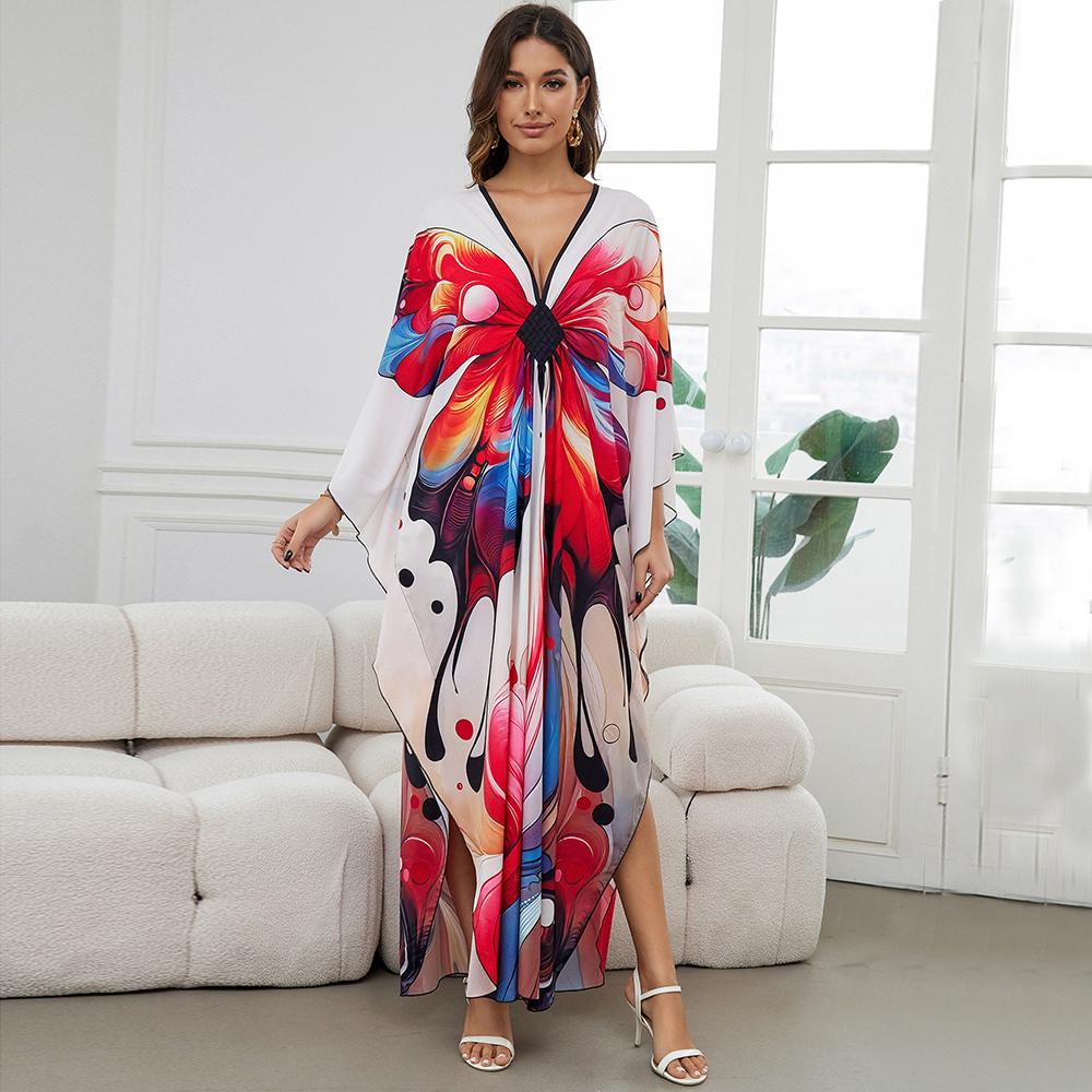 Bsubseach Women Ethnic Print Kaftan Dress ，Plus Size All Over Print  Sleeve TunicDress, Boho Casual V Neck 3/4 Sleeve TunicDress for Women, Women's Plus Cover Up,Mrs. Roper Kaftan ，bubu，mumu，Casual Womenswear Summer Bohemian Tangerine Hibiscus