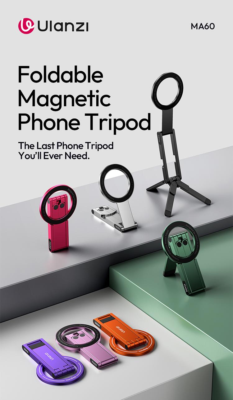 Ulanzi MA60 Magnetic Phone Stand for iPhone Aluminum Mini Foldable Tripod Pocket-Sized Cell Phone Stand with Magnetic Quick Mount Compatible with iPhone 12 13 14 15 16 Models - Smartphone Video Rig