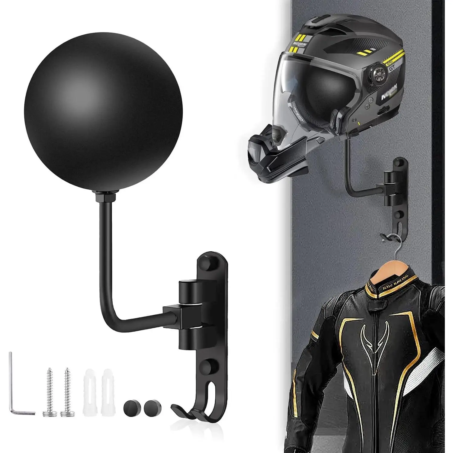 Motorcycle Helmet Rack Wall Mount, 180 Degree Rotation Metal Bike Helmet Holder Display Hanger Stand with 2 Hooks for Motorcycle, Bicycle, Baseball, Rugby Helmets - Black, 1 PcGift