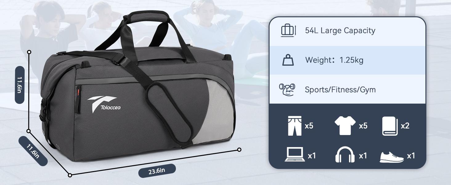Tolaccea Gym Bag for Men Women, 54L Large Duffle Bag Backpack, Sports Travel Duffel Bag with Shoe Compartment & Wet Pocket, Lightweight Waterproof Carry On Weekender Overnight Workout Bag, Grey new  gymbag unisex travel Lightweight Large