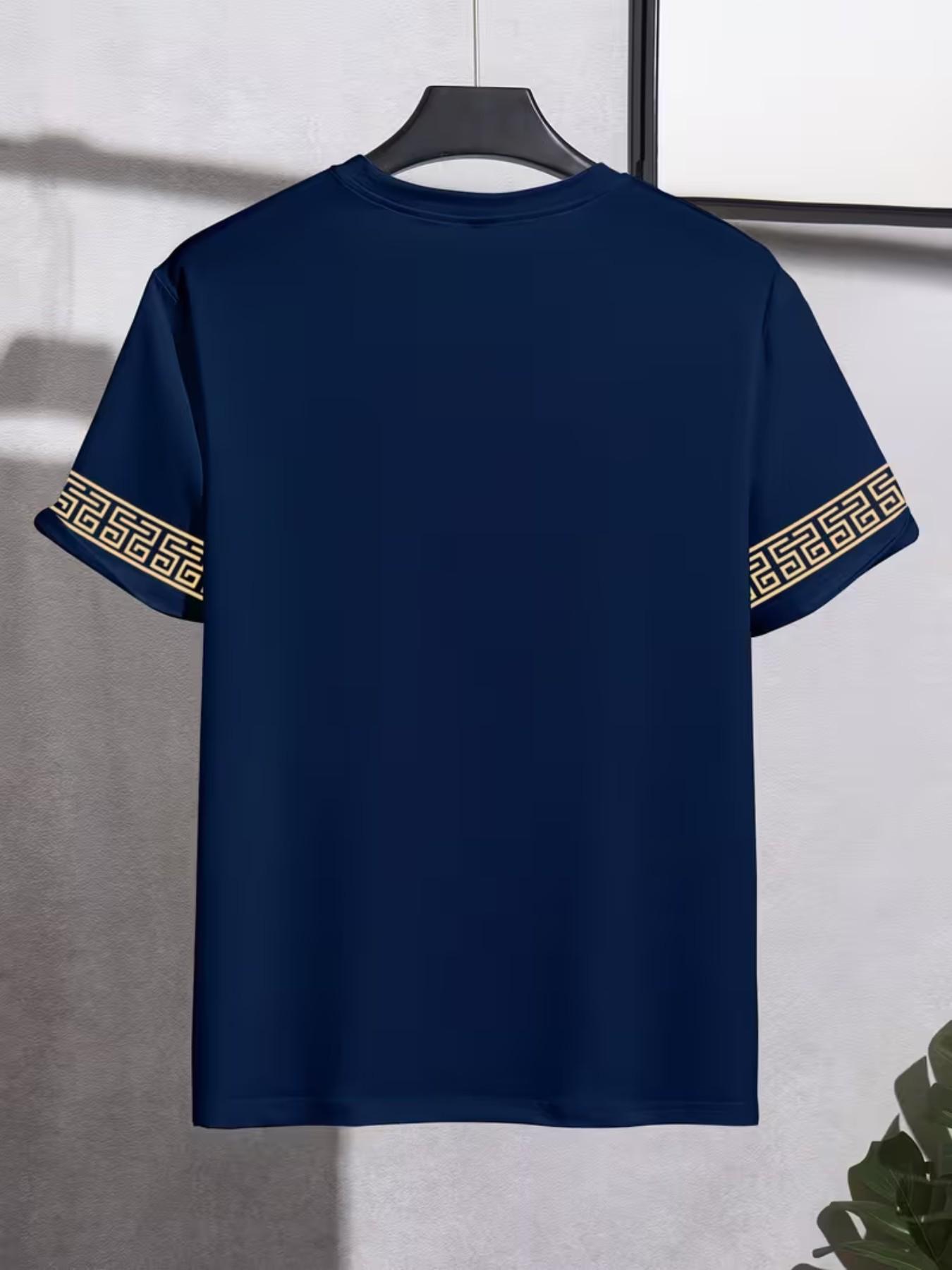 Men's Gold Casual T-Shirt, King Crown & Arm Pattern, Luxury Style, Comfortable for Home/leisure, Slim-Fitting, All over Print