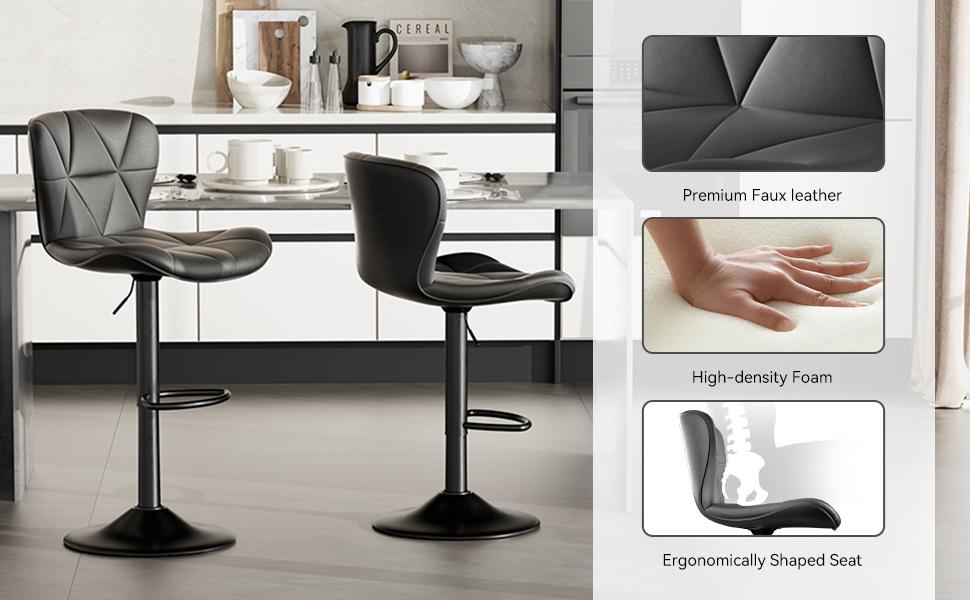 Modern Bar Stools, Adjustable Faux Leather Upholstered Swivel Bar Stools, Counter Height Bar Chairs with Back for Kitchen Island, Black
