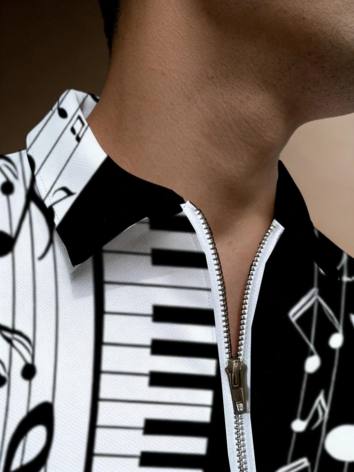Men's Zipper Polo Shirt with Music Note Print, Summer Trendy Men's Wear, Fashion Piano Keyboard Pattern Top