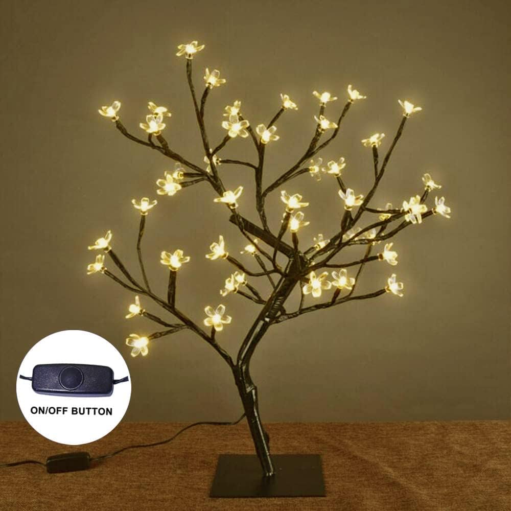 Energy Efficient 2pc 18-Inch Cherry Blossom Bonsai Trees, 48 LED Warm White Lights, 24V UL Listed Adapter, Metal Base, Ideal for Night Lights & Home Gifting
