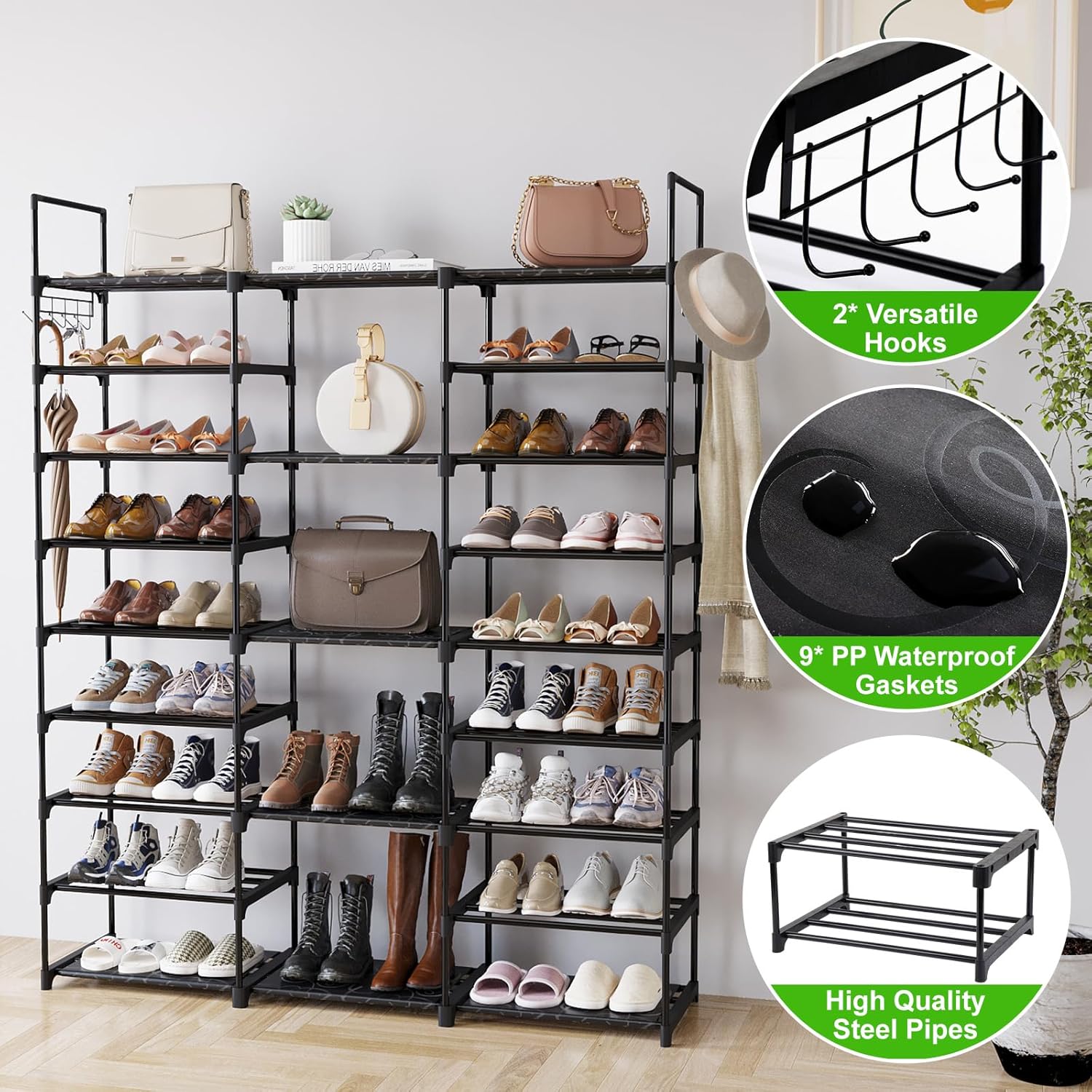 MENOLANA 9 Tiers Shoe Rack Organizer,50-55 Pairs, Stackable Metal Shelf with Hooks for Entryway, Shoe Racks for Bedroom Closet,New Year Gifts ,Deals for you days