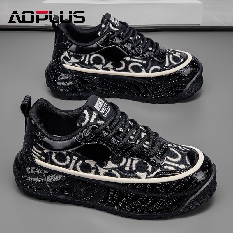 AOPLUS Men's Graphic Sneakers – Stylish Black & White Print Shoes for Bold Fashion