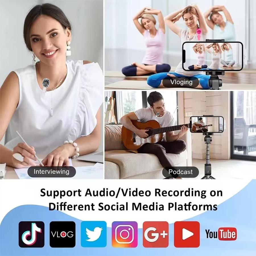 2pcs or 1pcs New Wireless Lavalier Microphone Portable Audio Video Recording Mini Microphone for iPhone Android PC Camera Live Gaming Phone Rechargeable Wireless Mic Applicable to everyone