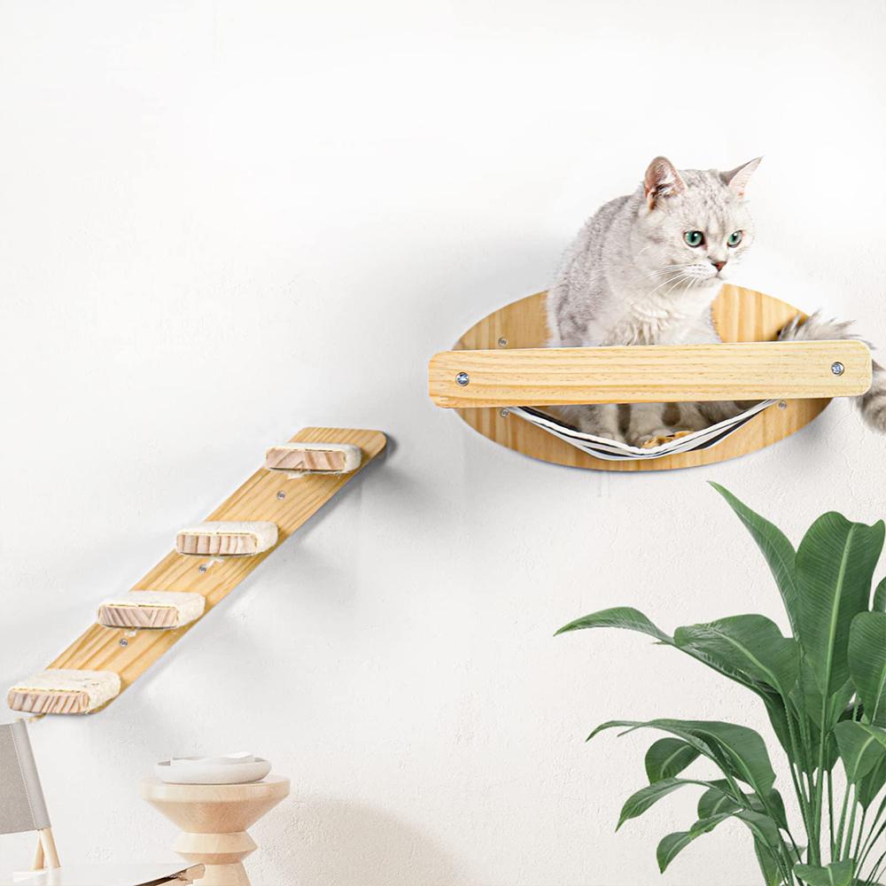 3pcs Wall Mounted Cat Hammock Shelves With Scratching Posts Step Ladder Set For Indoor Cat Wall Furnitures Climbing Playing  Made Of Pine Wood Home Animal