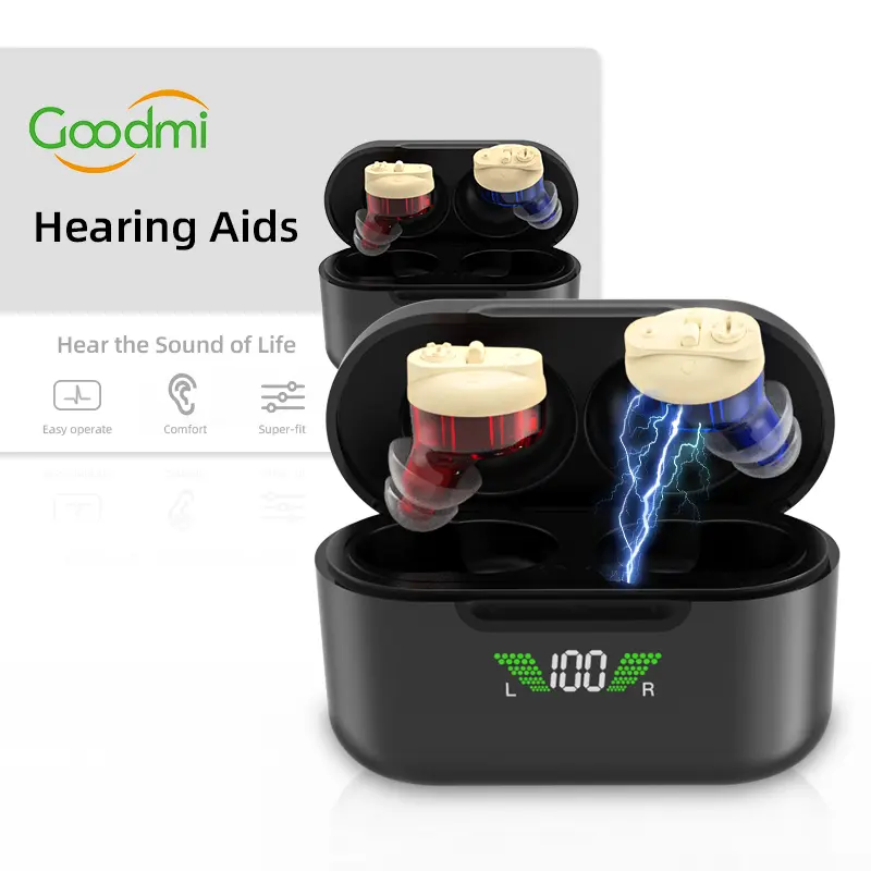 Hearing aids for seniors, OTC hearing aids, professional hearing devices for auditory compensation for seniors, red/blue pair, digital display charging case